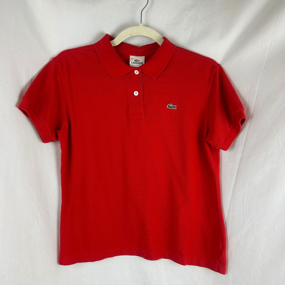 Lacoste Womens Red Cotton Pique Short Sleeve Polo Shirt Size 40 Medium Crocodile - Picture 2 of 8